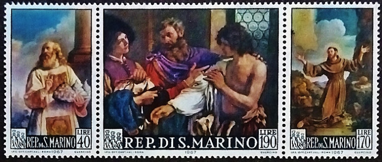Набор марок (3 шт.). "Картины Гверчино". 1967 год, Сан-Марино. Набор марок (3 шт.). "Картины Гверчино". 1967 год, Сан-Марино.