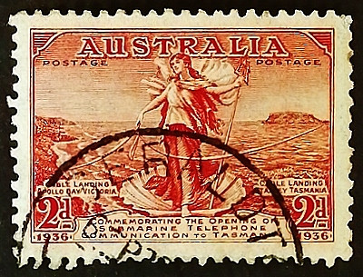 Почтовая марка. "Тасмания, телефонная линия". 1936 год, Австралия.
