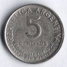 Монета 5 сентаво. 1950 год, Аргентина. Тип II.
