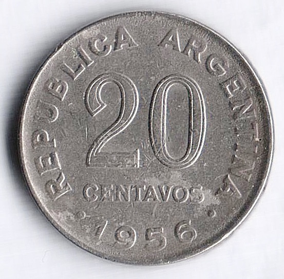 Монета 20 сентаво. 1956 год, Аргентина.