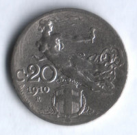 Монета 20 чентезимо. 1910 год, Италия.