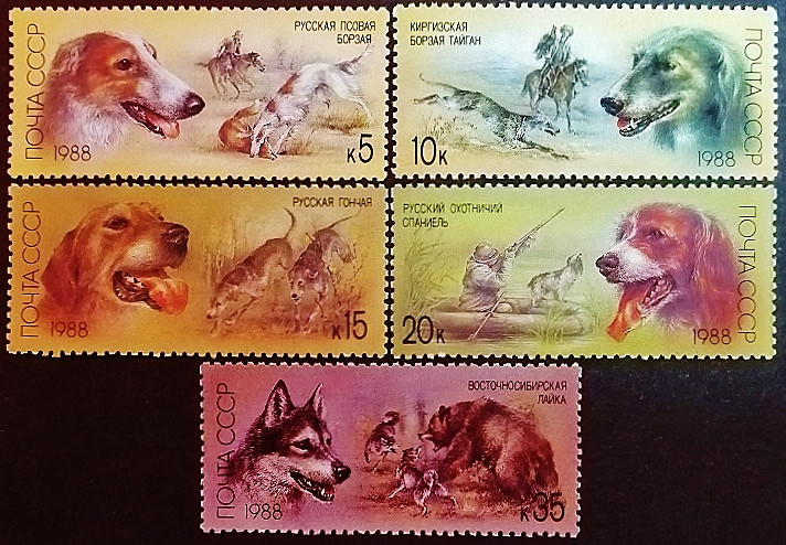 Набор марок (5 шт.). "Домашние породы охотничьих собак". 1988 год, СССР.