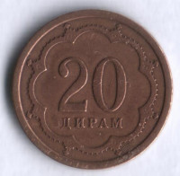 Монета 20 дирам. 2001 год, Таджикистан.
