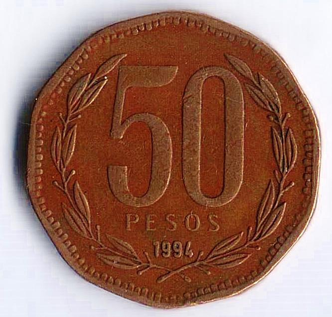 Монета 50 песо. 1994 год, Чили.