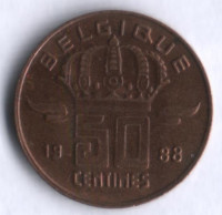 Монета 50 сантимов. 1988 год, Бельгия (Belgique).
