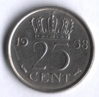 Монета 25 центов. 1958 год, Нидерланды.