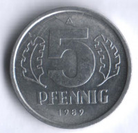 Монета 5 пфеннигов. 1989 год, ГДР.