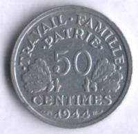 Монета 50 сантимов. 1944(B) год, Франция.