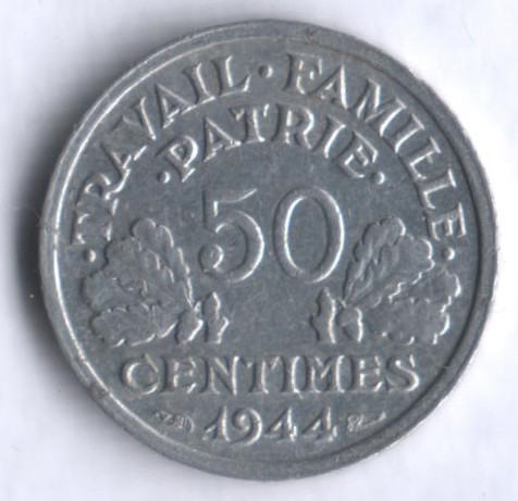 Монета 50 сантимов. 1944(B) год, Франция.