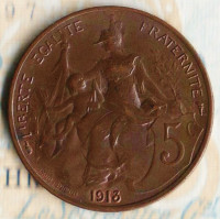 Монета 5 сантимов. 1913 год, Франция.