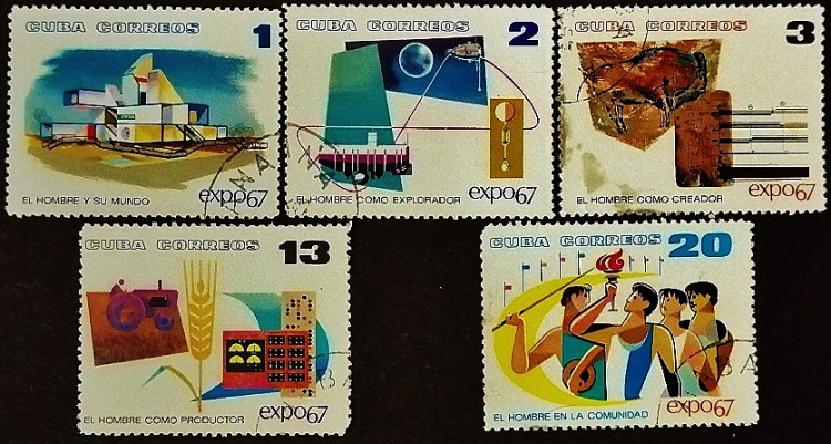 Набор почтовых марок (5 шт.). "ЭКСПО'67, Монреаль". 1967 год, Куба.