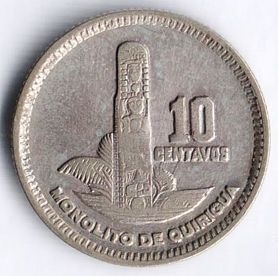 Монета 10 сентаво. 1958 год, Гватемала.