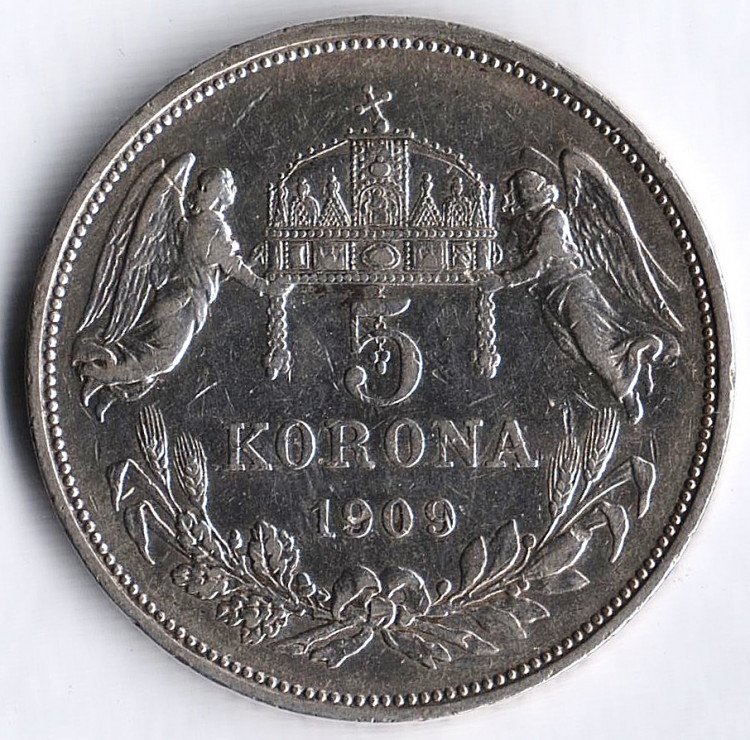 Монета 5 крон. 1909 год, Венгрия.
