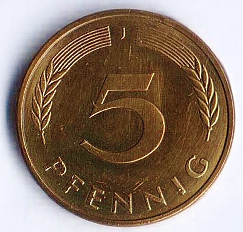 Монета 5 пфеннигов. 1989(J) год, ФРГ.