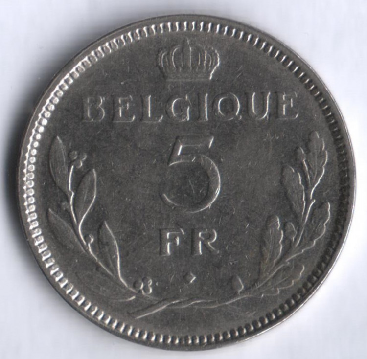 Монета 5 франков. 1937 год, Бельгия (Belgique).