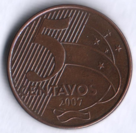 Монета 5 сентаво. 2007 год, Бразилия. Тирадентис.