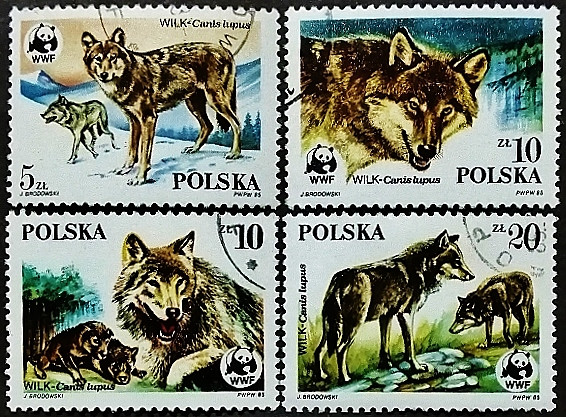 Набор почтовых марок (4 шт.). "Всемирный фонд дикой природы - Волки". 1985 год, Польша.