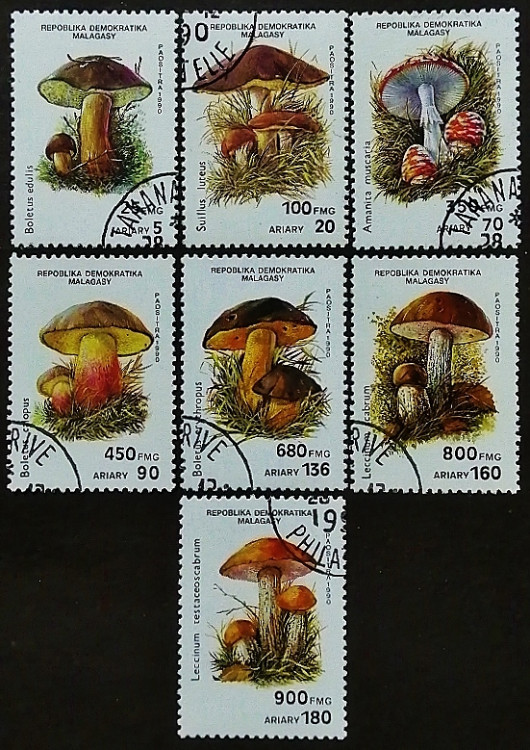 Набор почтовых марок (7 шт.). "Грибы". 1990 год, Мадагаскар.