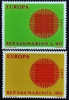Набор марок (2 шт.). "Европа (C.E.P.T.) — Пылающее солнце". 1970 год, Сан-Марино.