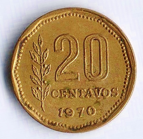 Монета 20 сентаво. 1970 год, Аргентина.