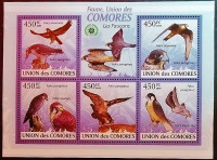 Блок марок (5 шт.). "Соколы". 2009 год, Коморские острова.
