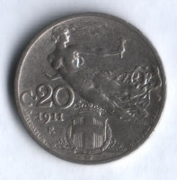 Монета 20 чентезимо. 1911 год, Италия.