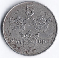 Монета 5 эре. 1919 год, Швеция.
