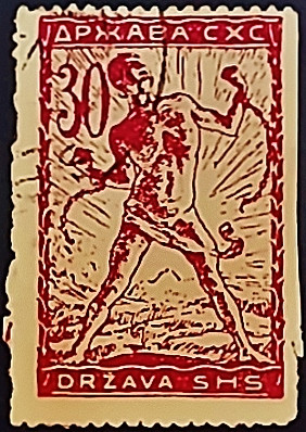 Марка почтовая (30 v.). "Разрывающий цепи". 1919 год, Словения (Королевство сербов, хорватов и словенцев).