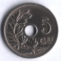 Монета 5 сантимов. 1907 год, Бельгия (Belgique).