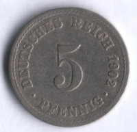Монета 5 пфеннигов. 1902 год (A), Германская империя.