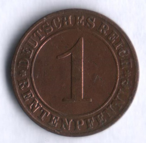 Монета 1 рентенпфенниг. 1923 год (А), Веймарская республика.