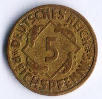 Монета 5 рейхспфеннигов. 1924 год (G), Веймарская республика.
