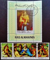 Набор марок (3 шт.) с блоком. "Рождество - Картины Андреа де Сарто". 1970 год, Рас эль-Хайма.