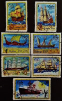 Набор почтовых марок (7 шт.). "Морская история - корабли сквозь века". 1972 год, Куба.