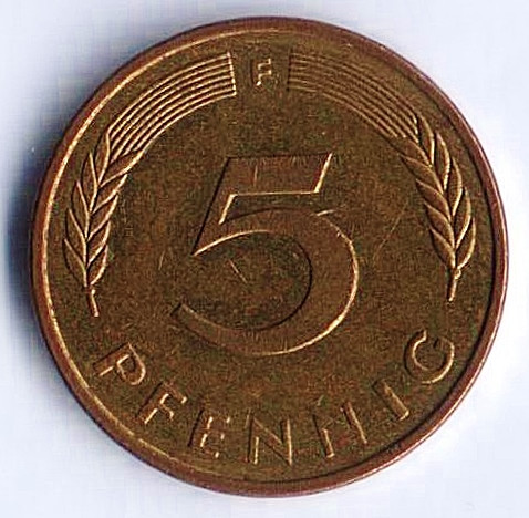 Монета 5 пфеннигов. 1990(F) год, ФРГ.