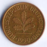 Монета 5 пфеннигов. 1990(F) год, ФРГ.
