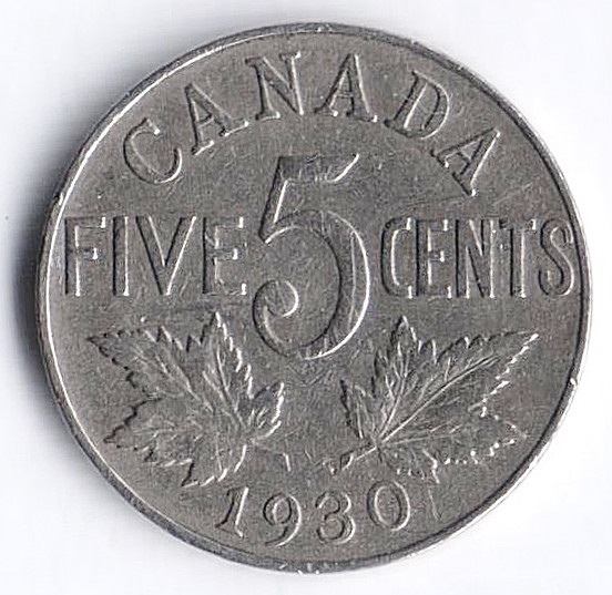 Монета 5 центов. 1930 год, Канада.