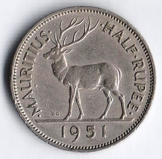 Монета 1/2 рупии. 1951 год, Маврикий.