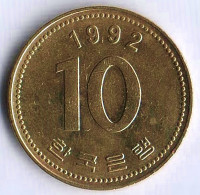Монета 10 вон. 1992 год, Южная Корея.