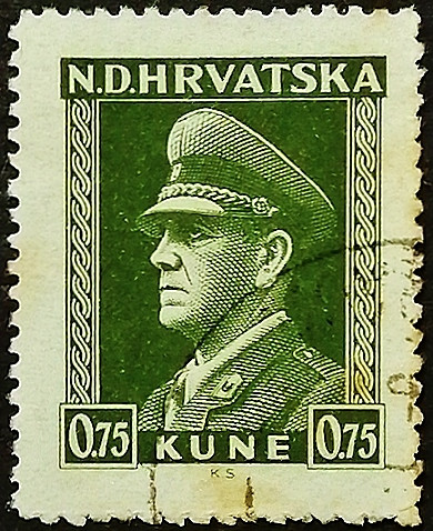 Почтовая марка (0,75 k.). "Анте Павелич". 1944 год, Хорватия.
