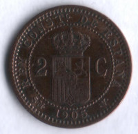 Монета 2 сентимо. 1905 год, Испания.