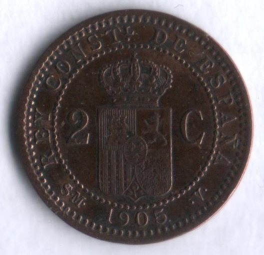 Монета 2 сентимо. 1905 год, Испания.