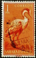 Почтовая марка (1 ps.). "Серая цапля". 1959 год, Испанская Сахара.