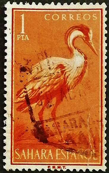 Почтовая марка (1 ps.). "Серая цапля". 1959 год, Испанская Сахара.