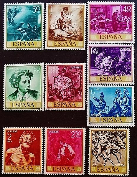 Набор почтовых марок (10 шт.). "Художники - Мариано Фортуни". 1968 год, Испания.