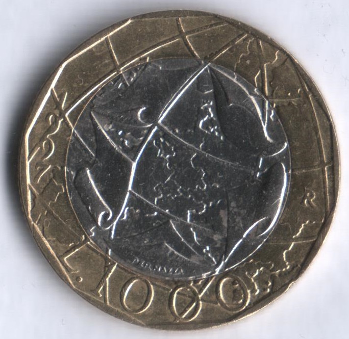 Монета 1000 лир. 1997 год, Италия.