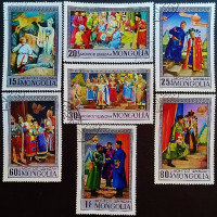 Набор почтовых марок (7 шт.). "Сцены из опер и драматических произведений". 1974 год, Монголия.