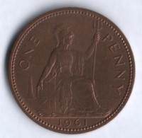 Монета 1 пенни. 1961 год, Великобритания.