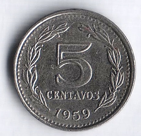Монета 5 сентаво. 1959 год, Аргентина.