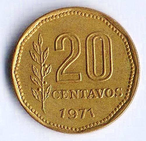 Монета 20 сентаво. 1971 год, Аргентина.